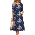 thumbnail image 3 of Wutalume Graduation Dress Vintage Floral - 3/4 Sleeve Crewneck A-Line Midi with Pockets Smocked Waist Boho, Spring 2026 ,Dark Blue 2XL, 3 of 6