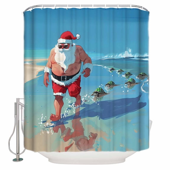 72x78 Inch Shower Curtain Coastal Santa Christmas Bathroom Decor Waterproof Fabric Bathtub Bath Curtains Decorative Xmas Sea Turtle Beach Extra Long Shower Curtain Set with Hooks