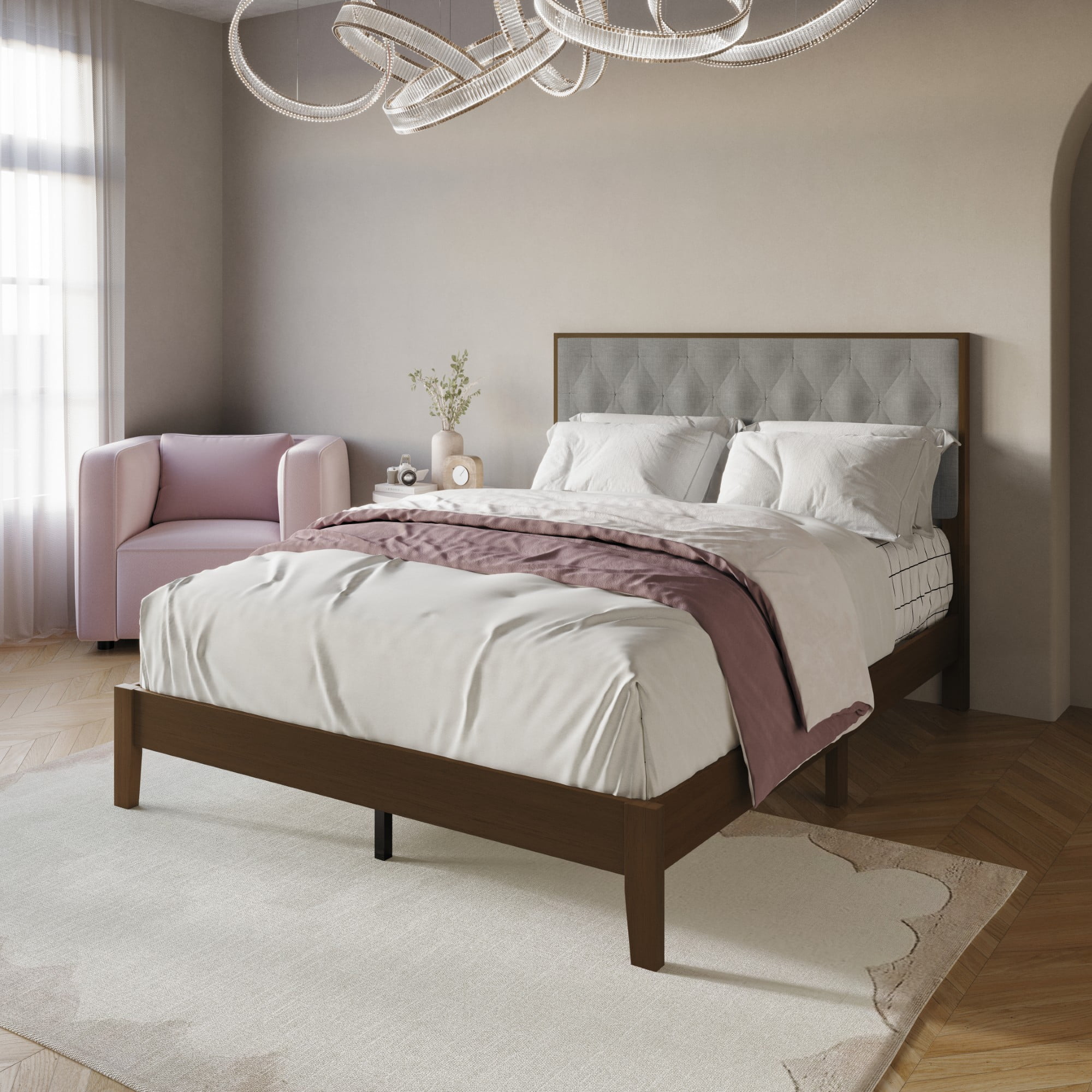 Home Design Kankakee Brown/Dark Gray Twin Solid Wood Panel Bed with Upholstered Foam-Padded Headboard, Adult, Bedroom