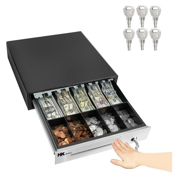 16inch Heavy Duty Manual Push-Open Cash Drawer with 5Bill/5Coin, Removable Till, Stainless Steel Front with Single Large Media Slot, Black 2. 16inch PUSH (MANUAL) 1. Black Stainless Stell Front