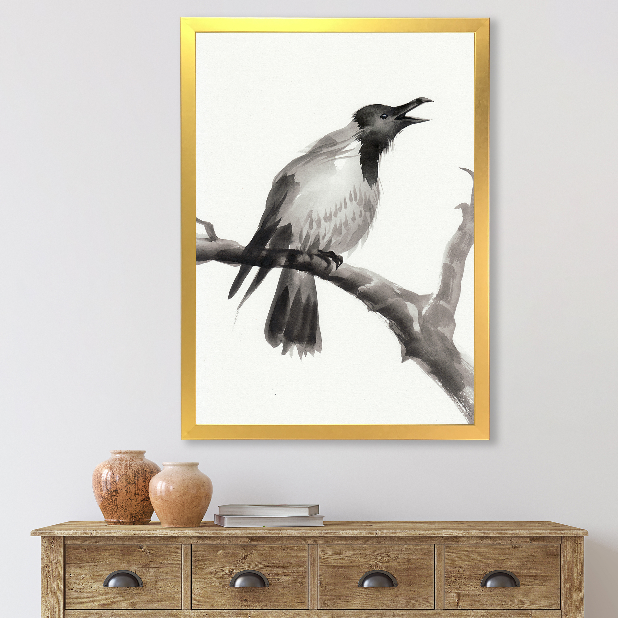 Designart 'Monochrome Crying Crow On A Branch' Traditional Framed Art Print
