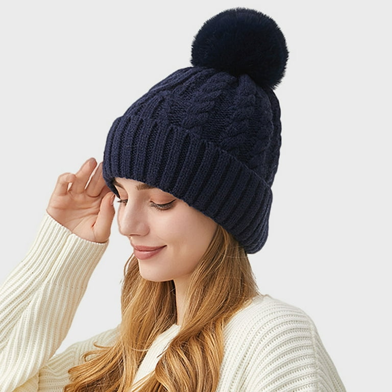 absanyy Womens Navy Fleece Lined Pom Pom Beanie, Faux Faux Fur Pom