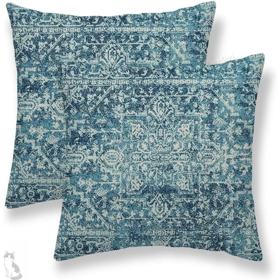Aaekzj Teal Boho Pillow Covers 16x16 Set of 2 Bohemian Carpet Pattern Outdoor Decorative Throw Pillow Covers Linen Ethnic Design Rustic Farmhouse Cushion Cases for Couch Sofa Decor