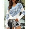 thumbnail image 6 of Female Striped Sweater Casual Leopard Long Sleeve V Neck Chunky Knit Drop Shoulder Pullover Jumper Tops Blue L, 6 of 8