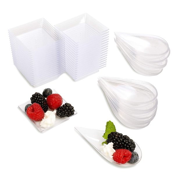 Serves 36 Clear Mini Square Appetizer Plates with Plastic Dessert