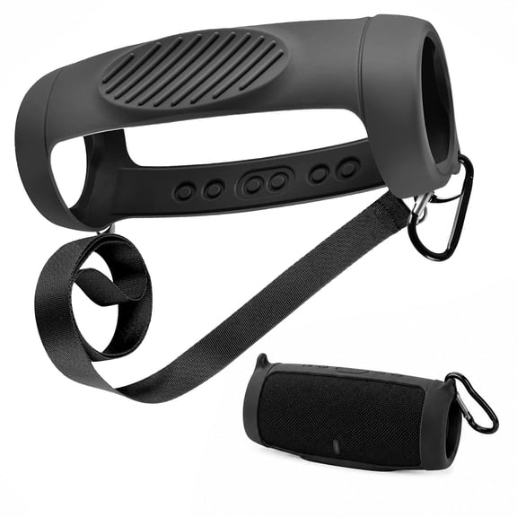 Silicone Case Cover for JBL Charge 5 Bluetooth Speaker, Waterproof Rubber Pouch with Shoulder Strap and Carabiner - Black