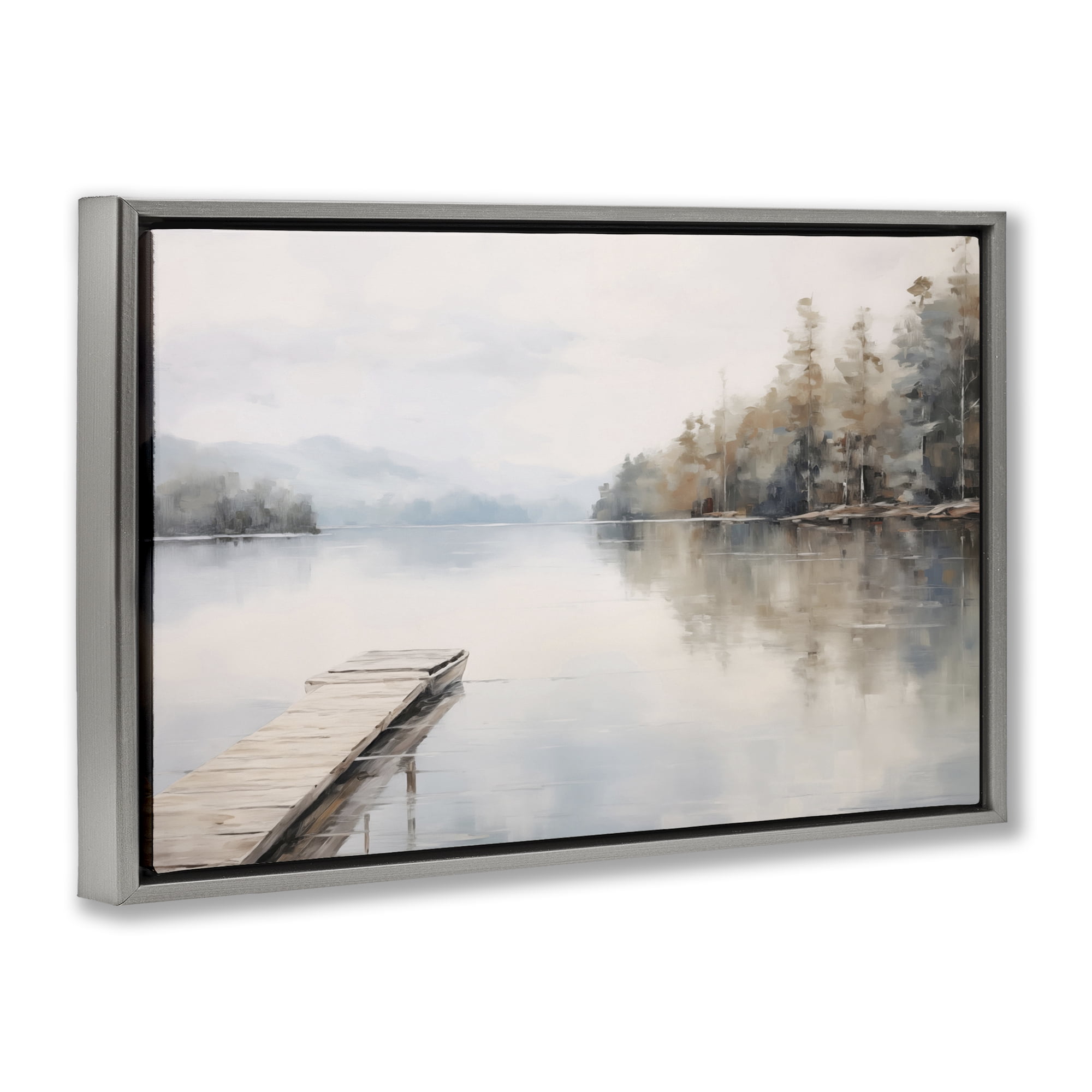 Stupell Industries Old Lake Dock View Landscape & Nature Painting Gray Floater Framed Canvas Art Print Wall Art, 25 x 17