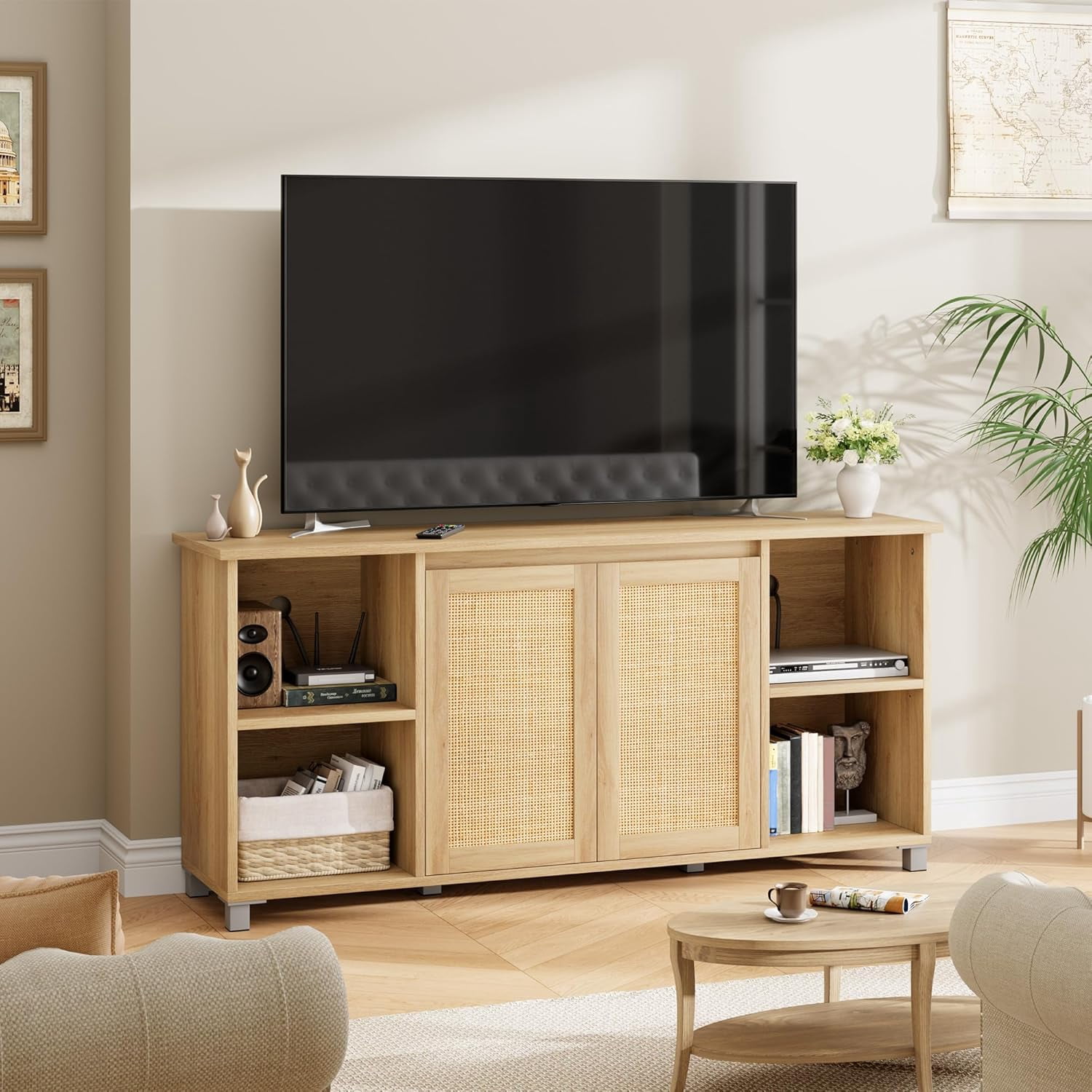 DEXTRUS Farmhouse TV Stand, Wood Media Console, 65 Inch, Dark Grey