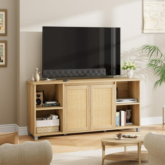Mid-Century Modern TV Stand 71inch Boho Media Console with Rattan Cabinet Doors Entertainment Center for 60/65/70 inch Television TV Stands for Living Room/Bedroom Natural Wood