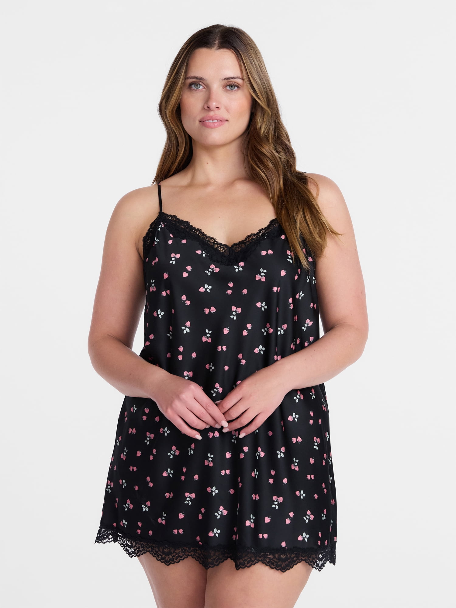 Joyspun Women's Lace Trim Stretch Satin Chemise, Sizes S-3X