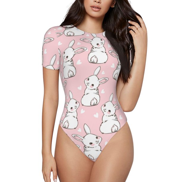 Balery Cute Rabbit Body de cuello redondo de manga corta para mujer Tops de manga corta Tops básicos-Large