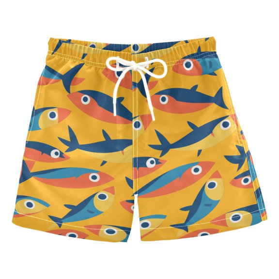 FORMRS Boys Swim Trunks Quick Dry Mesh Liner Boardshorts Sizes XS-XL, Yellow Sardines Pattern