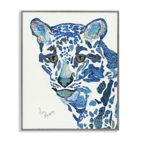 Stupell Industries Eclectic Clouded Leopard Collaged Blue Patterns Wildlife Animal Gray Framed Giclee Art, 11 x 14, by Lisa Morales