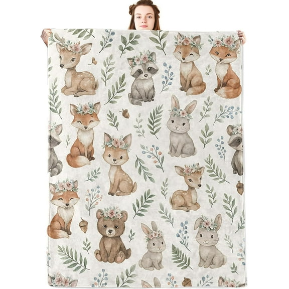 Woodland Animal Flannel Blanket,Watercolor Fox,Deer,Bunny,Raccoon and Bear Throw with Floral Leaf,Lightweight Flannel Blankets for Nature Lover,Couch,Bed,Camping Decor Gifts,50x40in