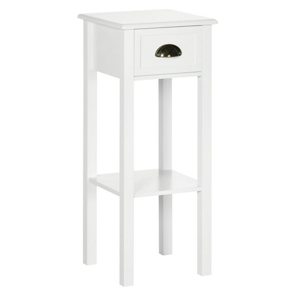 SAZYY Tall 2-Tier Side Table with Drawer, Narrow End Table for Space Saving, Slim Nightstand for Living Room Hallway (White)