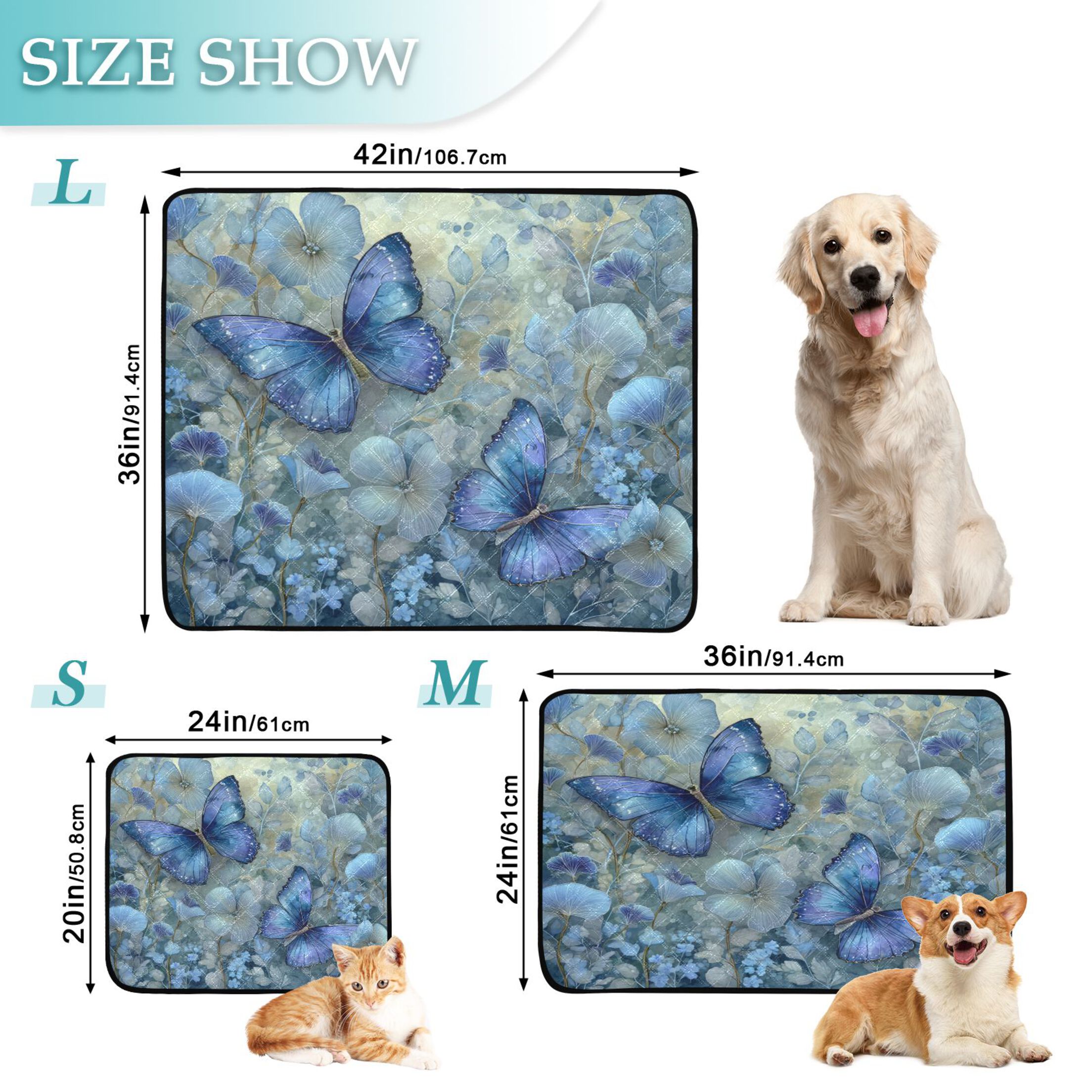 Qxltty Butterfly Floral Cat litter Pads Pet Set of 3 Diaper Mats Center Anti-leakage Layer Absorbent Soft and Comfortable