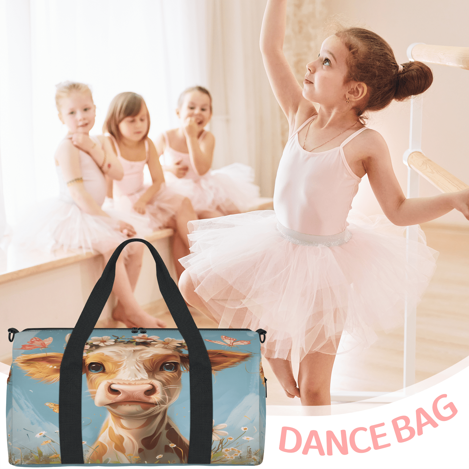 Herdesigns Cattle Cow Travel Duffle Bag Sports Yoga Weekender Overnight Carry on Workout Bags Lightweight Waterproof Gym Tote Bag for Women Watercolor Floral