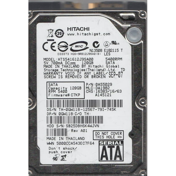 HTS541612J9SA00, PN 0A55029, MLC DA1982, Hitachi 120GB SATA 2.5 Hard Drive
