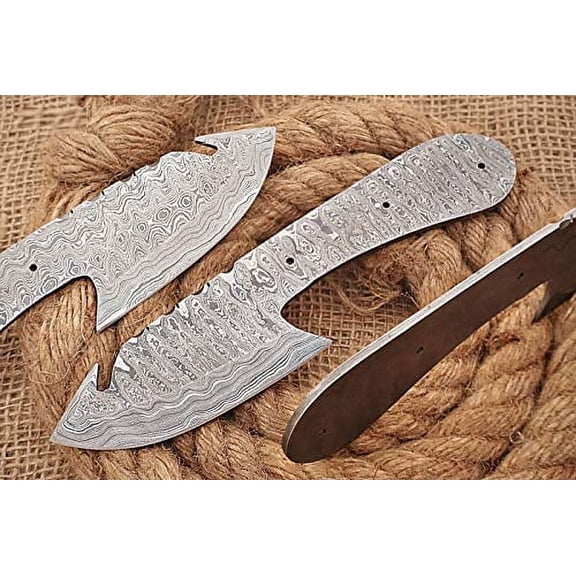 8 inches Long Hand Forged Spear Point Gut Hook Skinning Knife Blade, Knife Making Supplies, Damascus Steel Blank Blade Pocket Knife with 3 Pin Hole, 3.5 inches Cutting Edge, 4.25" Scale Space