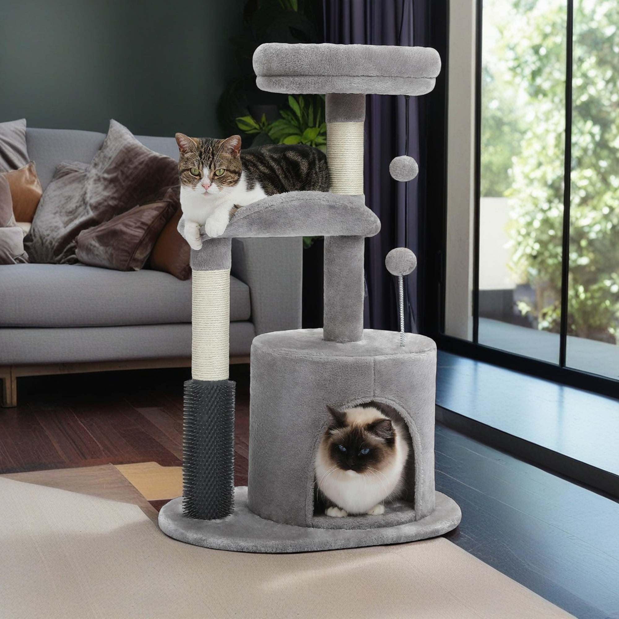 Kadyn 32.7" Cat Tree Tower for Indoor with Self Groomer Brush, Sisal Scratching Post, Dangling Ball for Small, Medium Cats, Gray