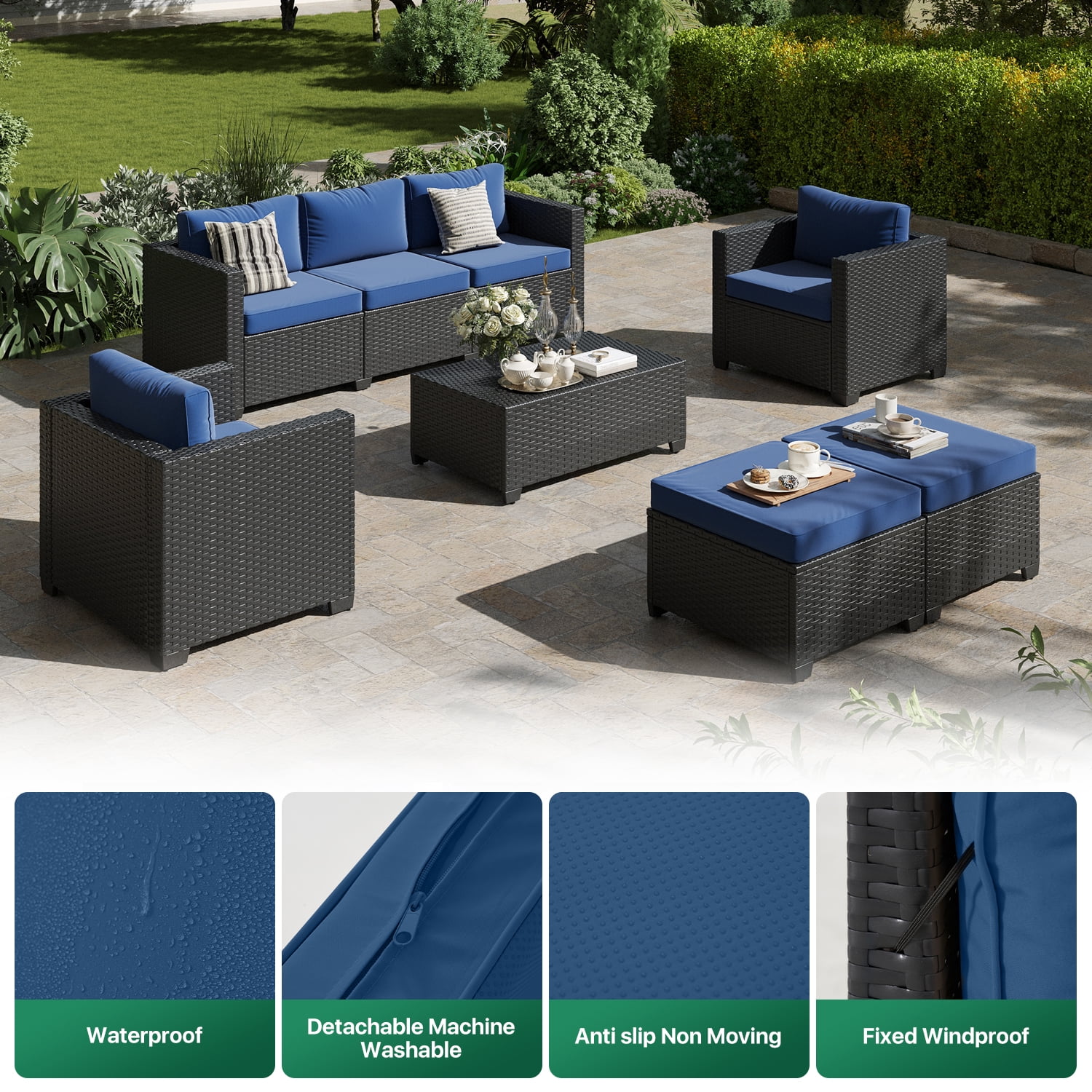 ClouddWell 6 Piece Outdoor Wicker Patio Furniture Set, Rattan Sectional Sofa Sets with Navy Blue Cushions