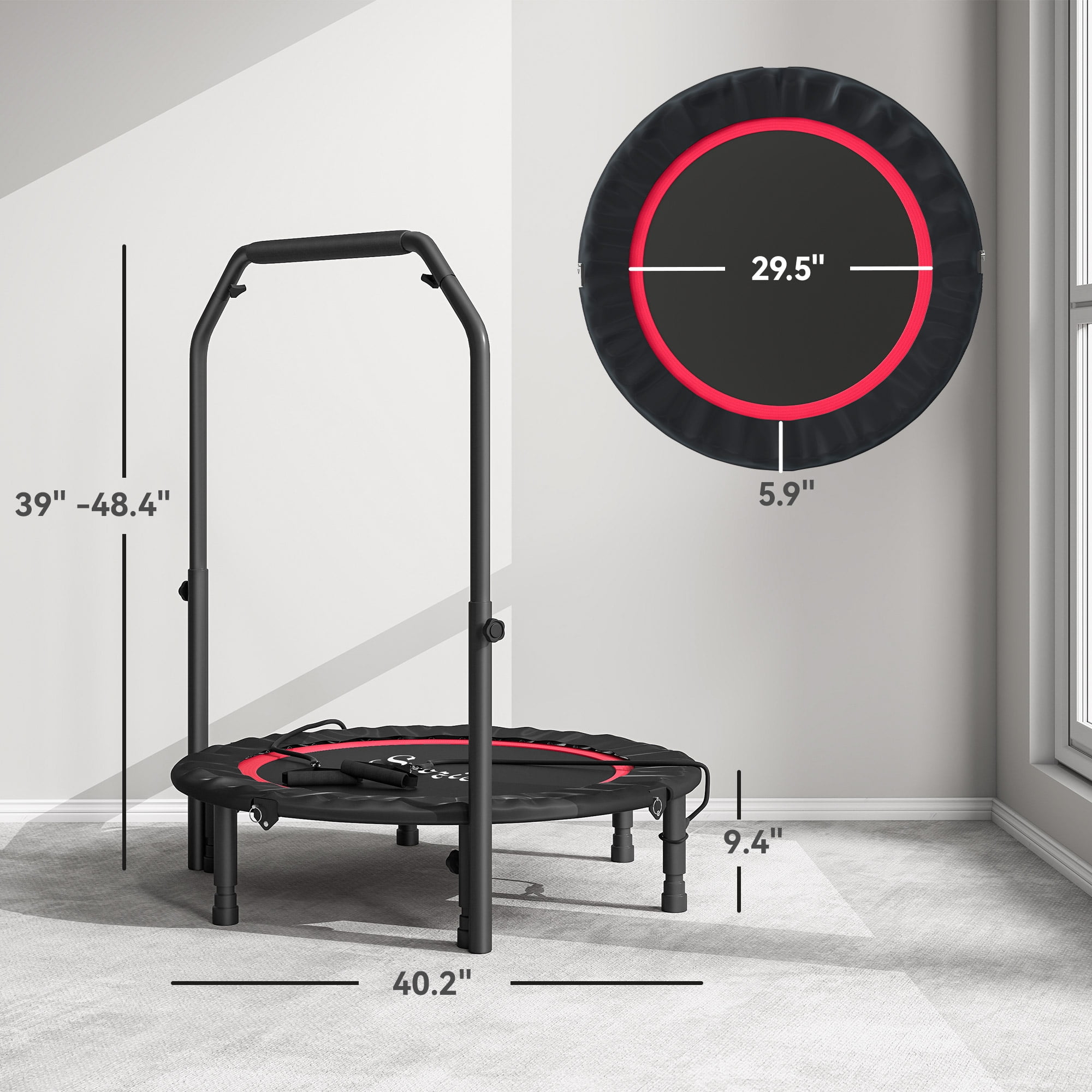 Soozier 40" Foldable Mini Trampoline, Rebounder Trampoline for Adults with Adjustable Foam Handle for Indoor Outdoor Workout, Max Load 330 lbs, Red