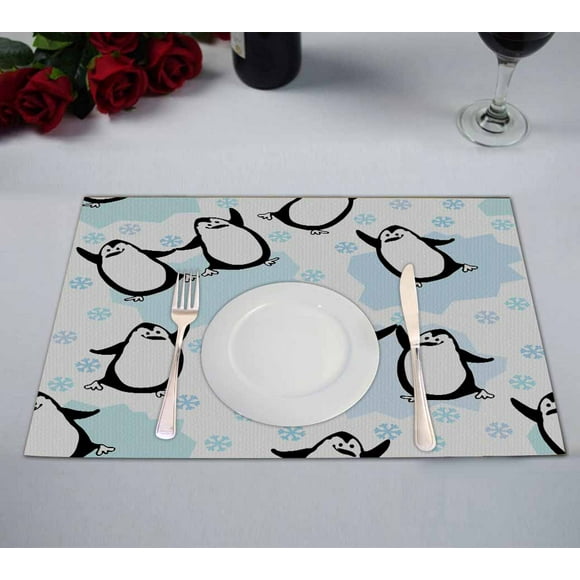 YUSDECOR Dancing Penguins Pattern Kitchen Dining Table Mats Placemats Size 12x18 Inches, Set of 2 Pieces
