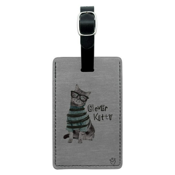 Clever Smart Kitty Cat Kitten Glasses Sweater Rectangle Leather Luggage Card Suitcase Carry-On ID Tag