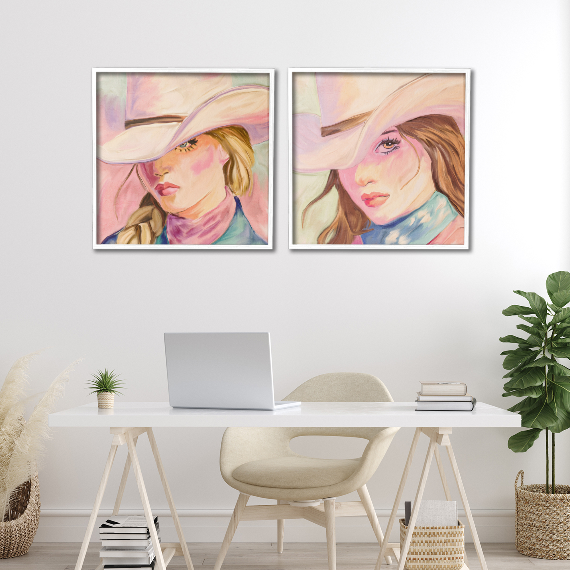 Pastel Cowgirls Gazing 2 Piece White Framed Giclee Art Set, design by Kim Allen