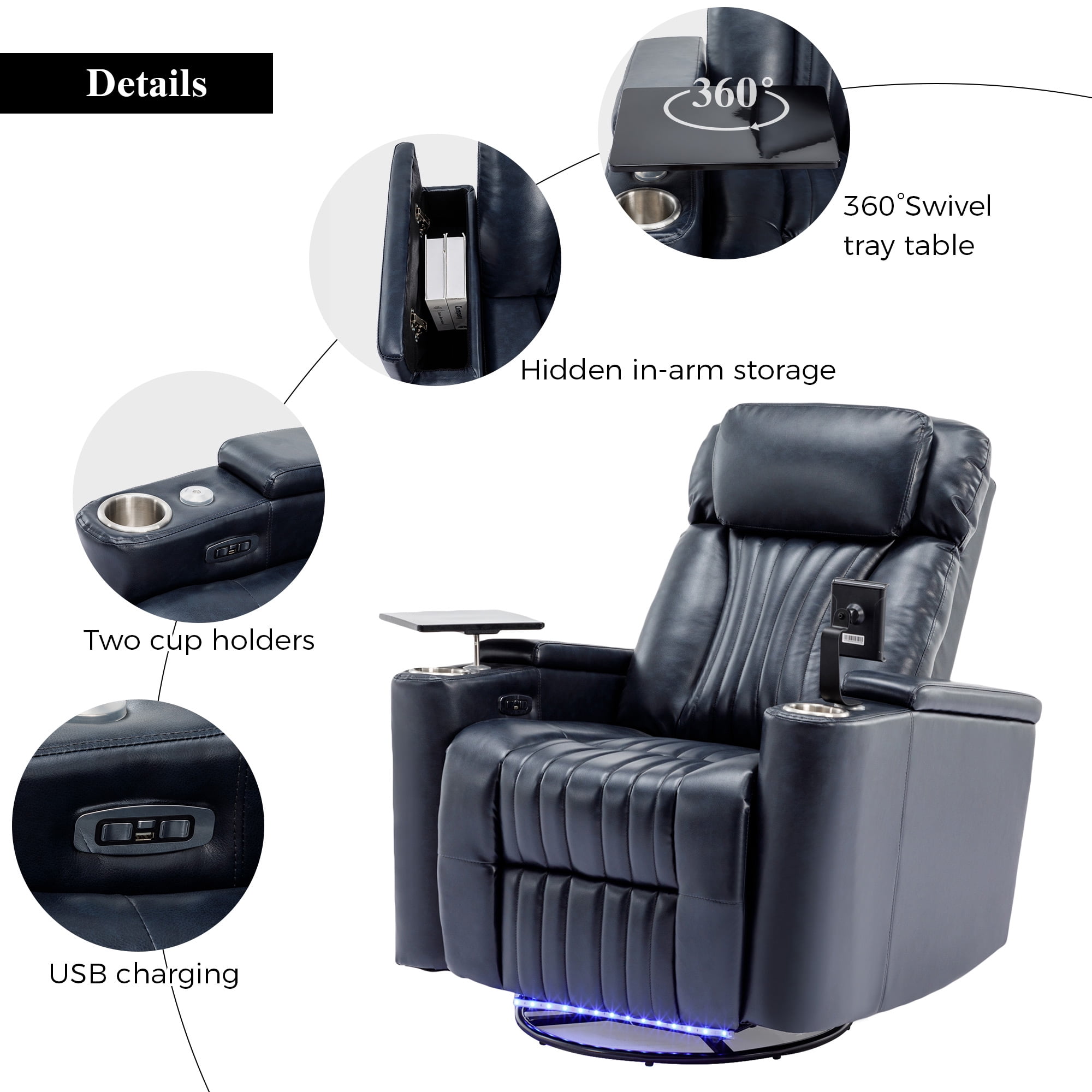Harper & Bright Designs Electric 270° Power Swivel Recliner Chair w/ Hidden Storage & LED Lights, Home Theater Seating with Cup Holders, 360° Tray Table, Phone Holder, 270° Blue