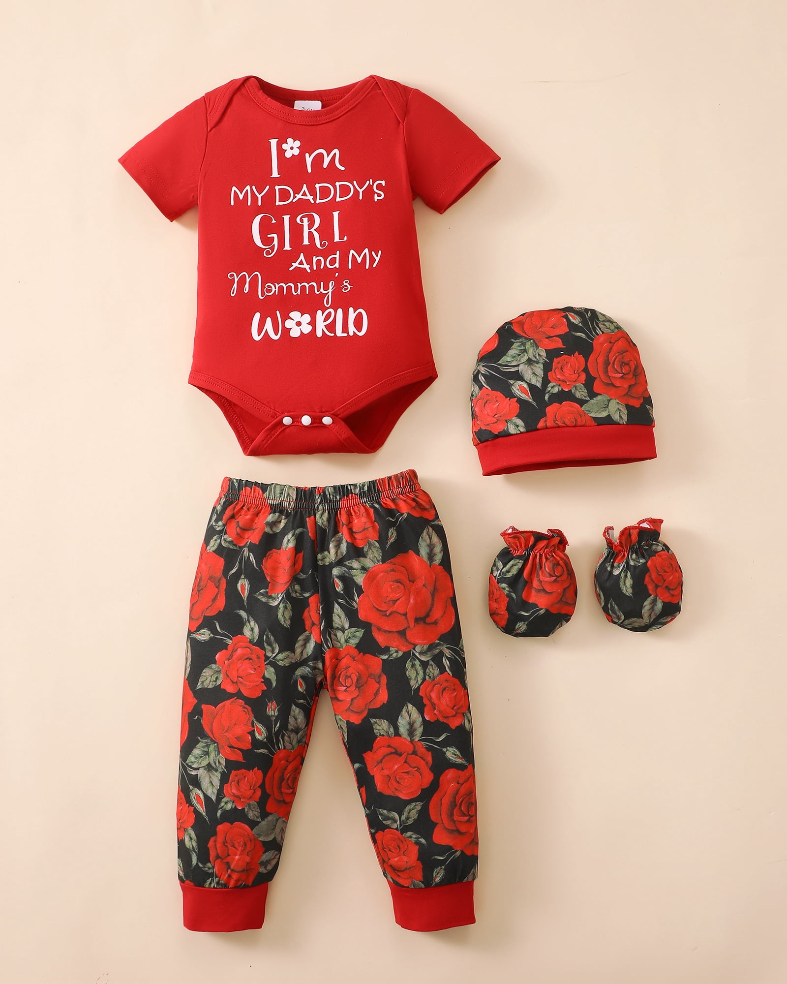 KIMI BEAR Newborn Baby Girls Summer Outfits 0-3 Months 4-Pack Layette Set Short Sleeves Romper Top Strawberry Watermelon Floral Pants Set Hat Gloves 16Pcs Pink