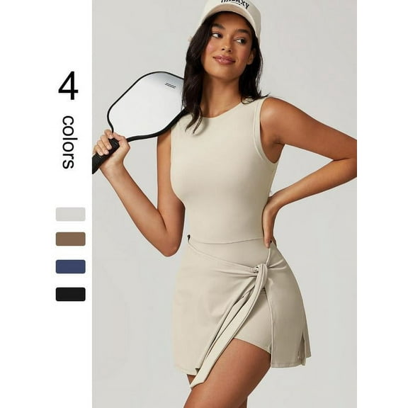 Women's Solid Knot Wrap Sports Tank Romper, Casual Round Neck Romper for Summer, Back-to-School Clothing, Sports Sleeveless Onesies, Pickleball Clothes, Tennis Outfits, Ladies Sportswear