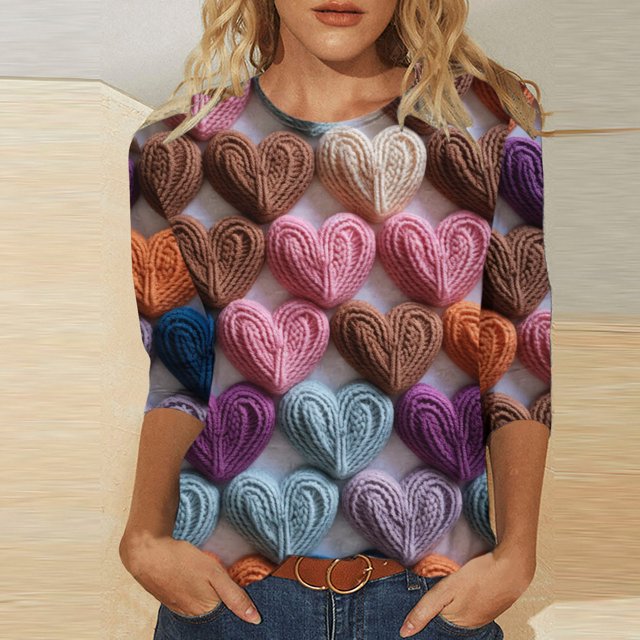 Qertyioot Chemise Ample à Manches 3/4 pour Femmes T-shirts Imprimés Mode Saint-Valentin Col Rond Hauts Décontractés