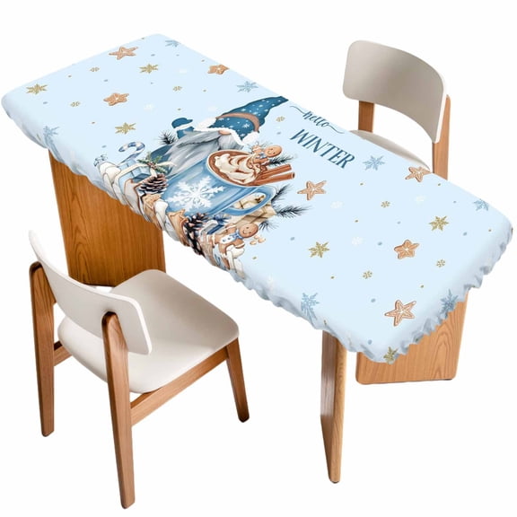 Blue Gnomes Christmas Table Cloths for 8 Foot Rectangle Tables, Xmas Gifts Snowflake Winter Patio Waterproof Elastic Fitted Tablecloths, Washable Rectangular Table Cover for Camping