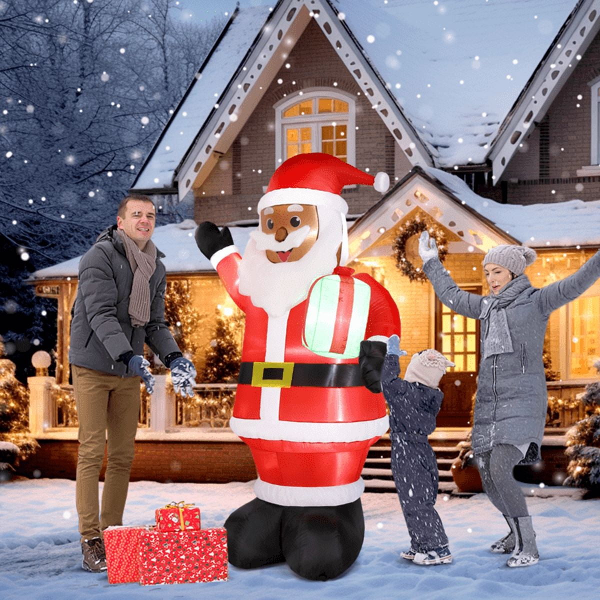 Alvantor 7 ft Lighted Black Santa Christmas Inflatable with Gift, Red and Black