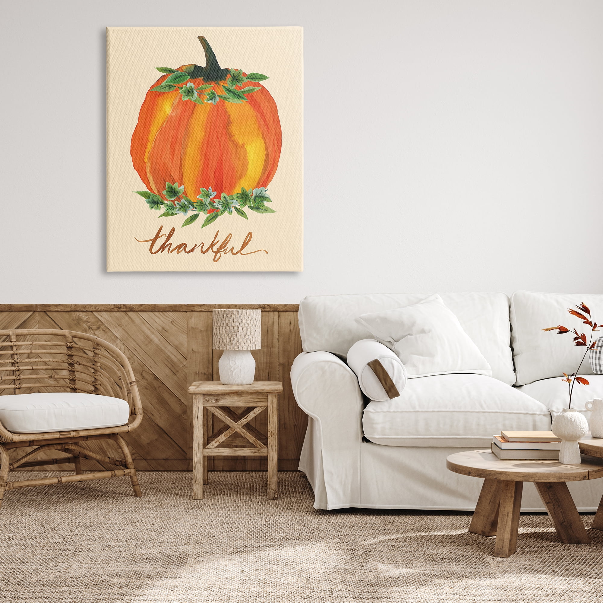 Stupell Industries Thankful Orange Pumpkin Leaf Botanicals Autumn Plants Graphic Art Gallery Wrapped Canvas Print Wall Art, Design by Heather McLaughlin