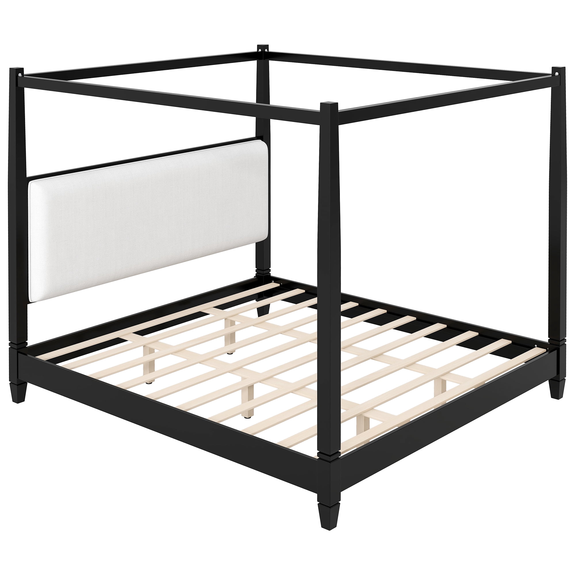 Euroco Wood King Size Canopy Platform Bed with Upholstery Headboard, Black