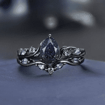 Pear Cut Galaxy Starry Sky Blue Sandstone Alexandrite Wedding Ring Set in 14k Black Gold Finish - Leaf Bridal Ring Set