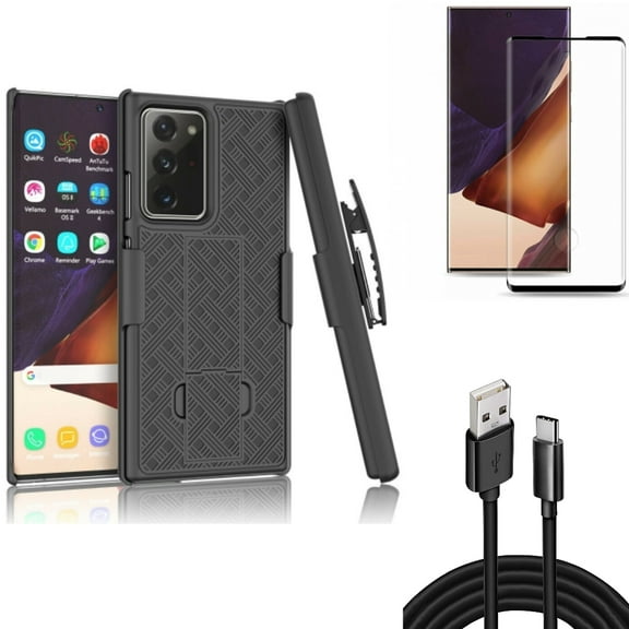 10ft USB Cable & Case Belt Clip & Screen Protector for Samsung Galaxy Note 20 Ultra (6.9") - Combo with Type-C Charger Cord & Holster Swivel & Tempered Glass (Fingerprint Unlock)