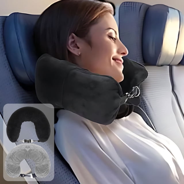 MORESEC 2Pcs Travel Neck Pillow, Inflatable U Shape Pillow for Airplane Car Travel, Self Filling Neck Support Pillow with Storage Pouch, Compact Foldable Comfortable Velvet Travel Pillow for Adults,