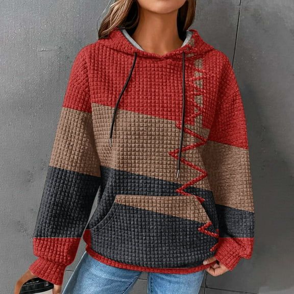 Ecqkame Hoodies for Women Casual Hooded Color Block Sweatshirt Long Sleeve Drawstring Pullover Tops with Pocket G-Red L