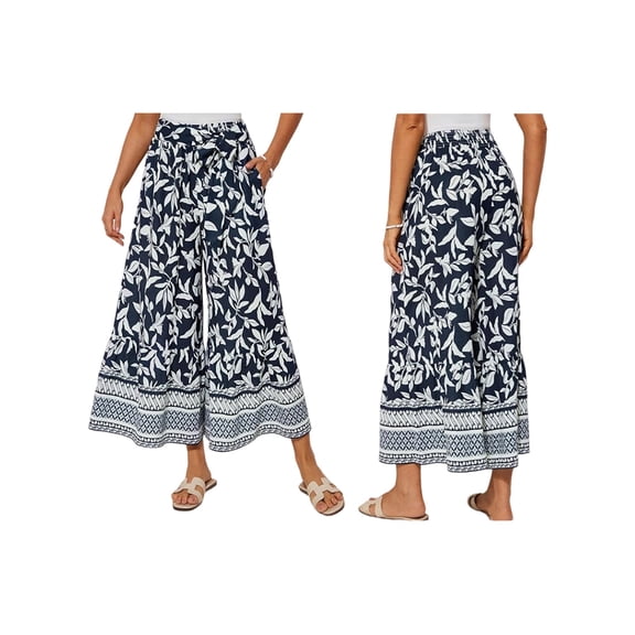 Women'S Wide Leg Palazzo Pants Elastic High Waisted Casual Flowy Beach Pants with Pockets Navy Blue XXL