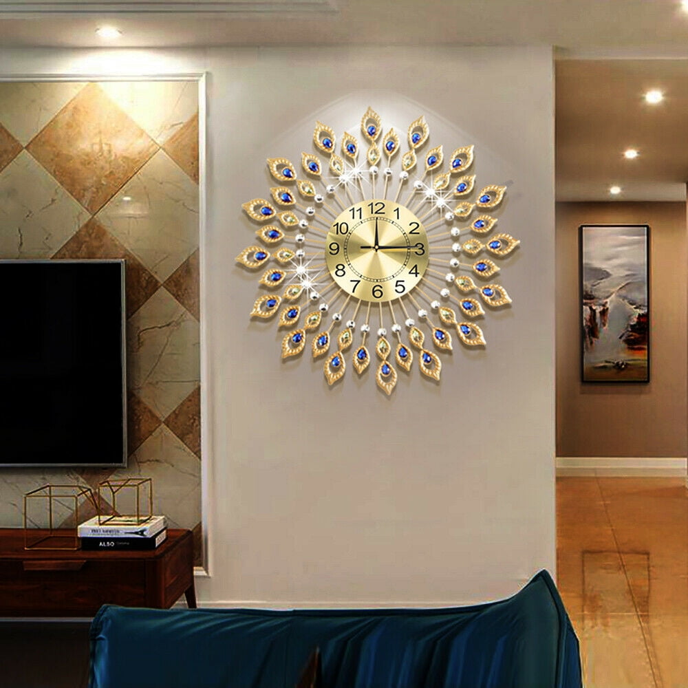 DENEST 26.4 in Gold Luxury Peacock Large Wall Clock 3D Metal Living Room Watch Home Decor