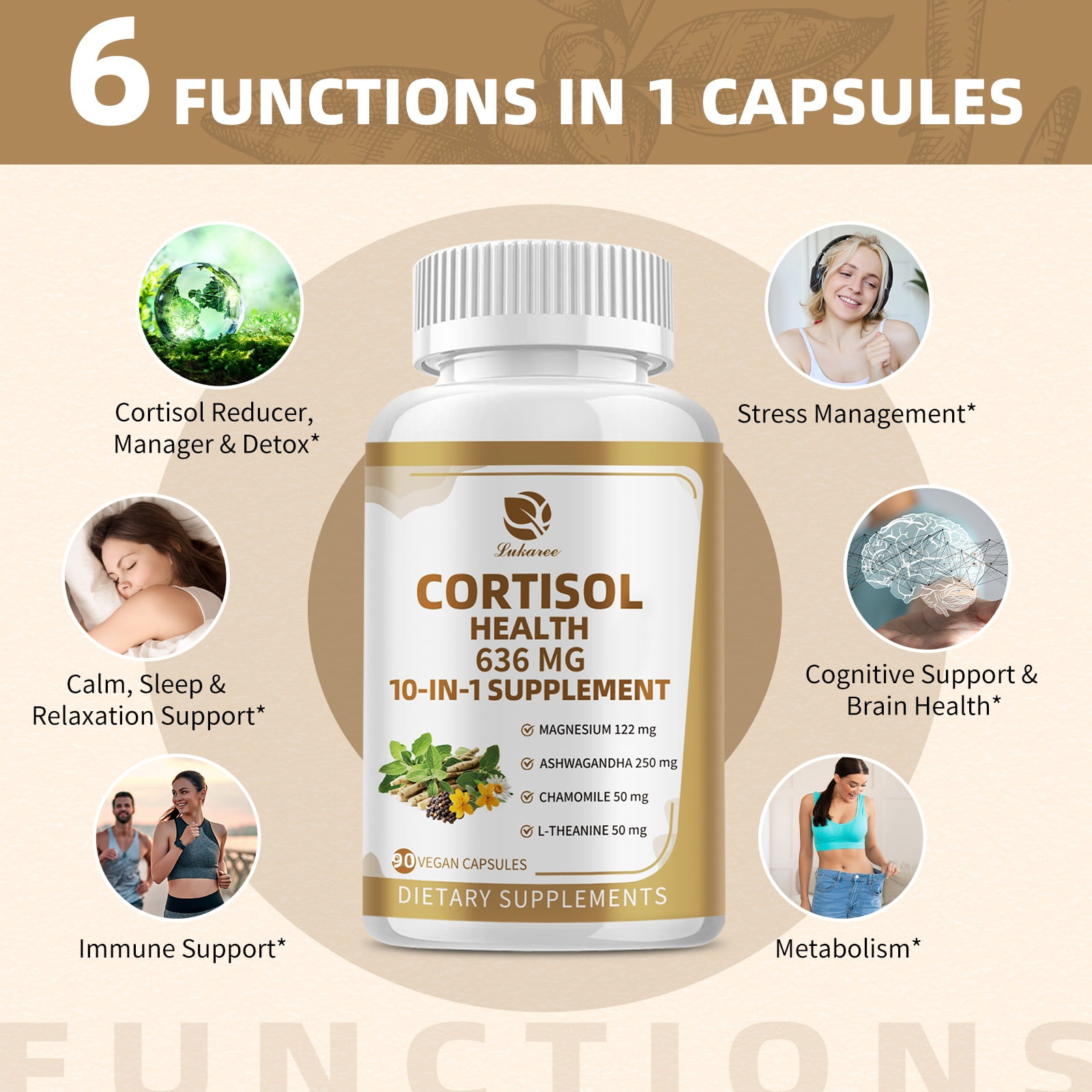Cortisol Supplements with Magnesium, Ashwagandha, Chamomile, L-Theanine, Phosphatidylserine, Rhodiola, Vitamin C & D3, for Women Men, 90 Vegan Capsules