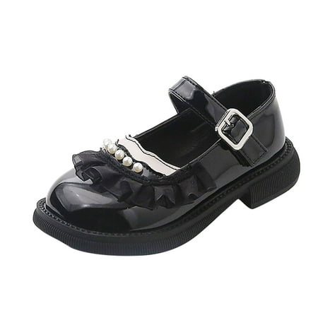 JAHH Kids Daily Clearance Gowns Shoes Fashion Spring Summer Children Casual Shoe Girls Leather Dress Shoes Comfortable Pearl Lace Buckle Solid Color for Birthday Party (9.5-10 Years Black)