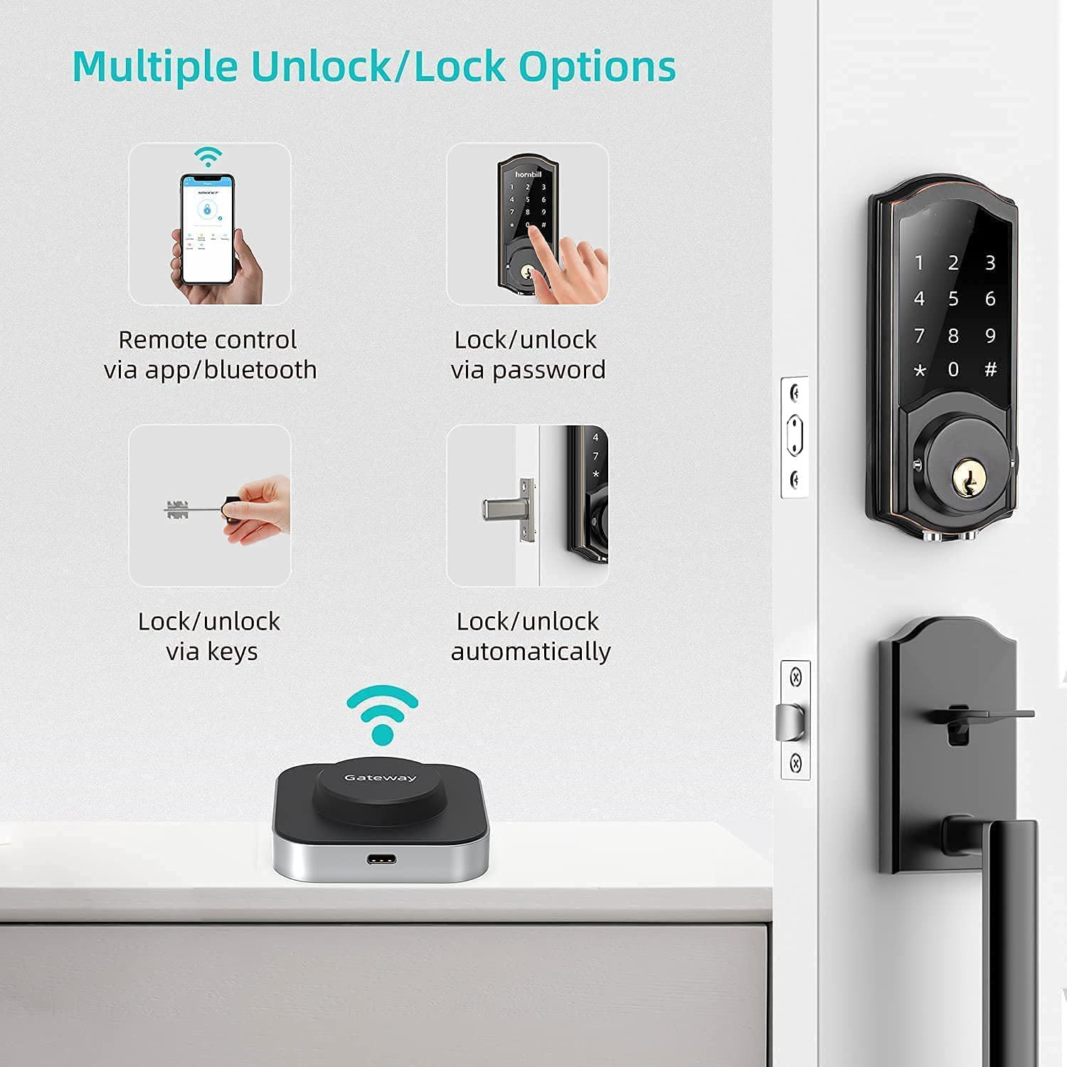 for Homes Smart Deadbolt Locks with Gateway Wi-Fi Electronic Bluetooth Auto Lock Work with Alexa Keyless Entry Digital Front Door Lock with Keypad Silver App Offices and Apartments
