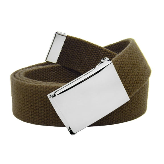 Boys School Uniform Silver Flip Top Military Belt Buckle with Canvas Web Belt Large Brown