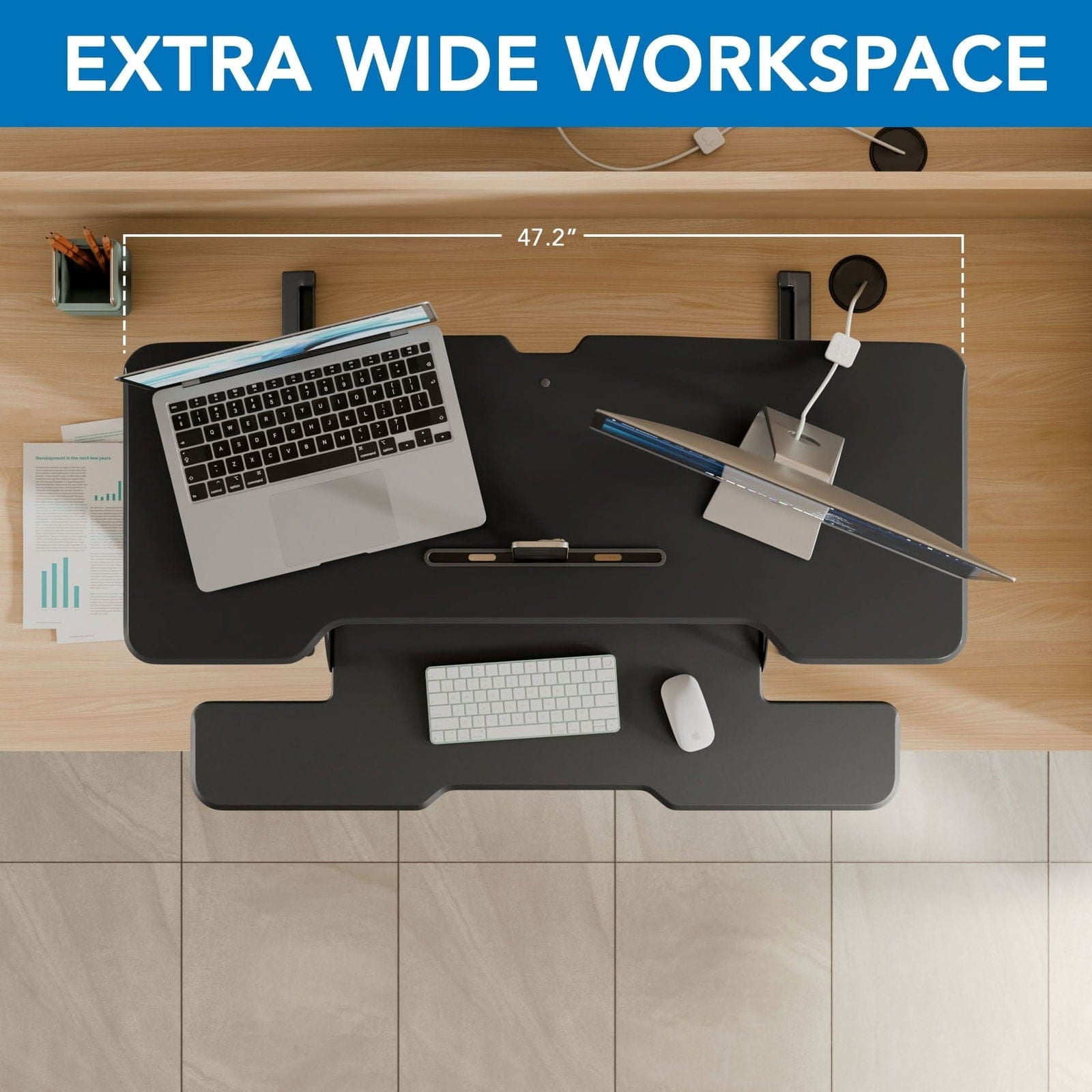 47 Inch Large Standing Desk Converter – Extra Wide Sit Stand Riser with Keyboard Tray, Dual Monitor Space, Gas Spring Height Adjustable – Ergonomic Desktop Workstation for Home or Office