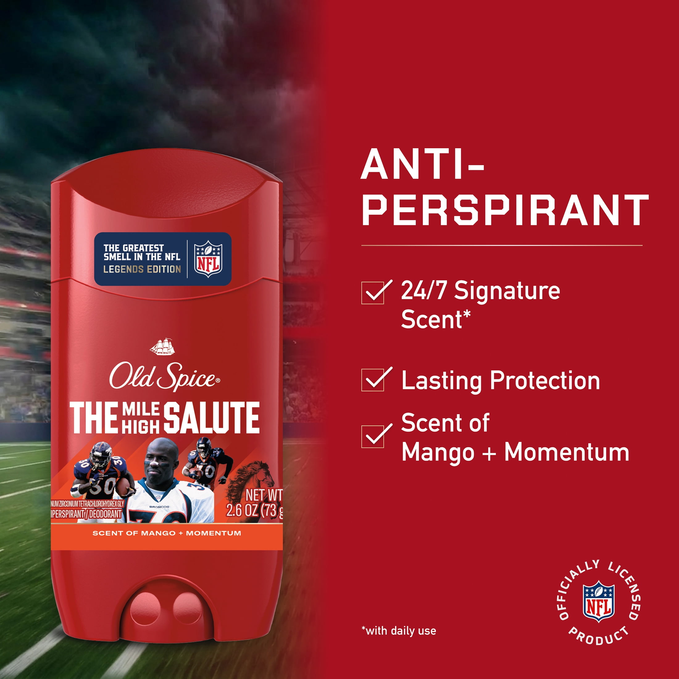 Old Spice Deodorant for Men, Antiperspirant, NFL Collection, Terrell Davis, Scent of Mango + Momentum, 2.6 oz