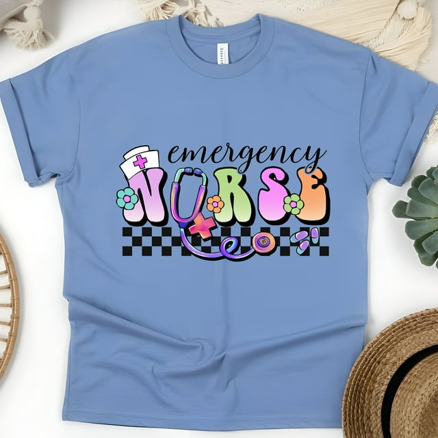 Emergency Nurse T-Shirt | Pastel Lettering with Stethoscope and Checkered Print Tee, CarolinaBlue, Size M